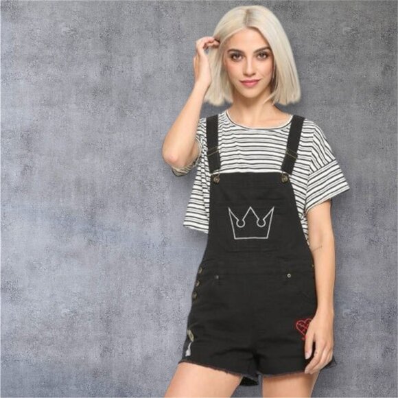 Disney Kingdom Hearts Hot Topic Black Shortalls Embroidered Overalls Size M - Picture 1 of 8